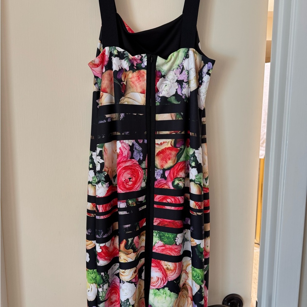 Adrianna Papell Red and Pink Sleeveless Square Neck Midi Dress
